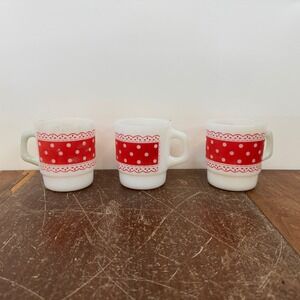 Anchor Hocking Fire King set of 3 milk glass 8 oz‎ mugs red polka dot lace motif